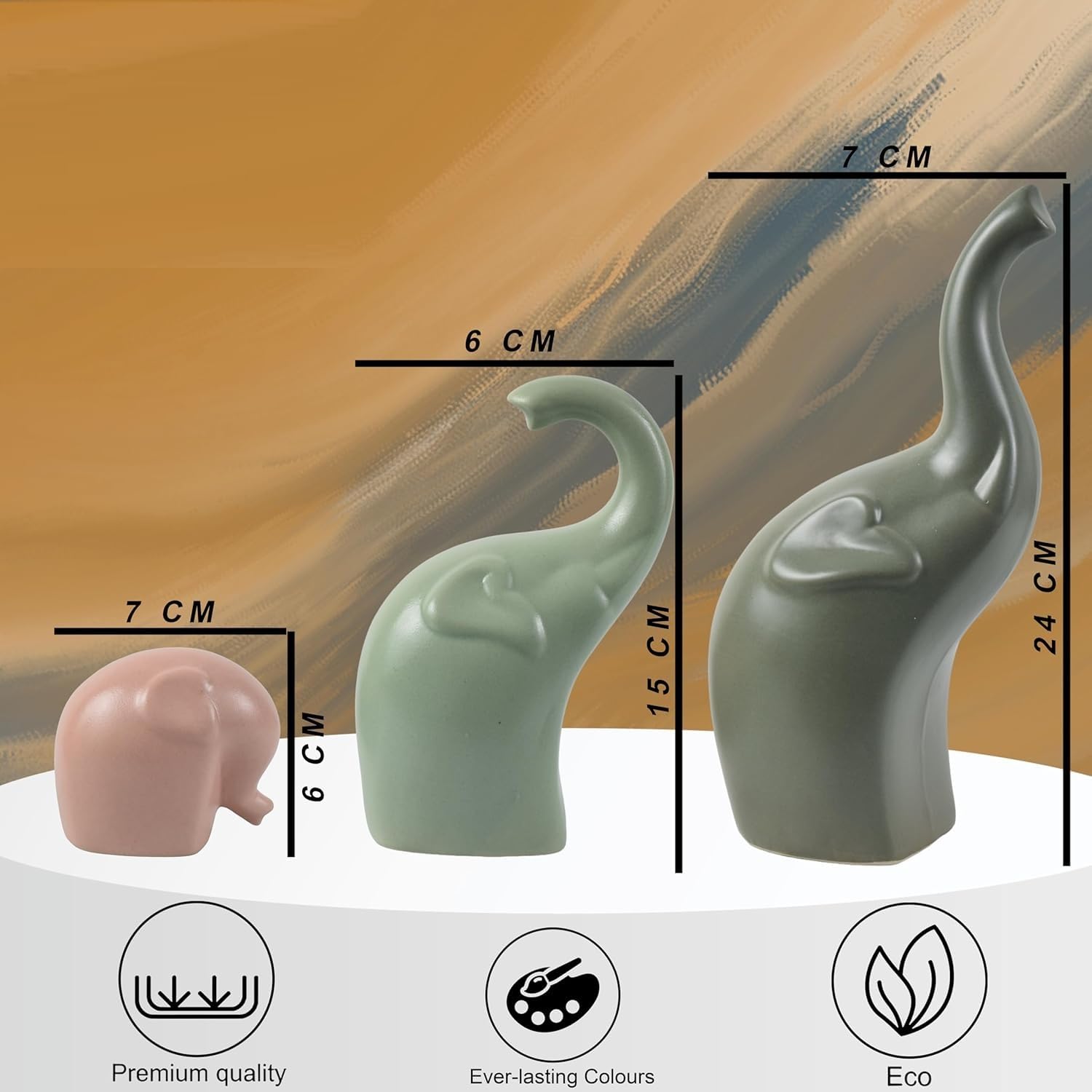 Set of 3 Ceramic Elephant Statues with Matte Finish for Home Décor - Image 3