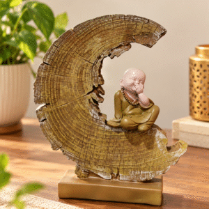 Zen monk showpiece seated within a rustic crescent-shaped frame