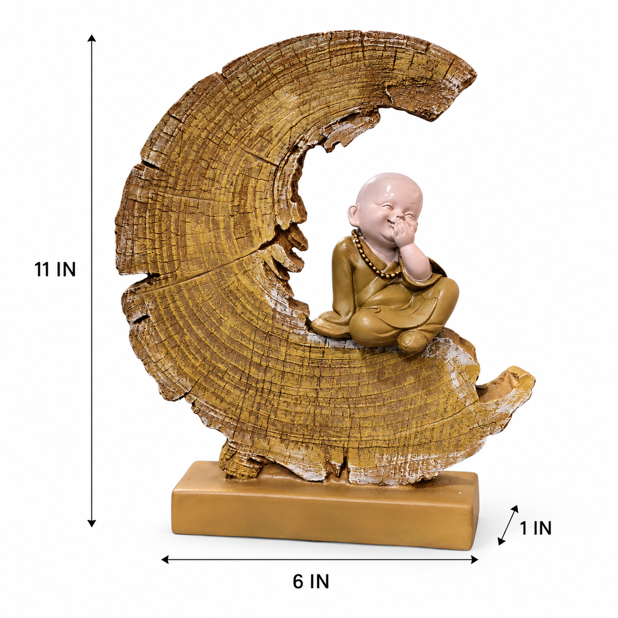 Serene Zen Monk showpiece with crescent-shaped design showing dimensions of 11 inches height, 6 inches width and 1 inch depth