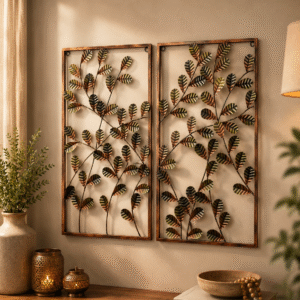 Large copper leaf metal wall art panels set of 2