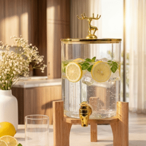 4L glass beverage dispenser with gold deer lid and 6 glasses on luxury kitchen countertop