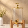 Luxury 4L glass beverage dispenser with gold deer lid wooden stand and 6 glasses set