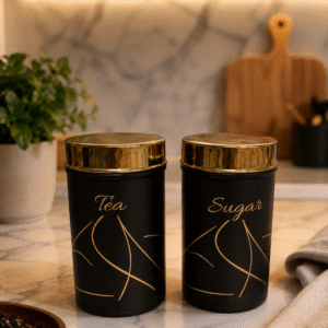Luxury Stainless Steel Tea and Sugar Storage Jar Set with Golden Lid 850ml Black Kitchen Canisters