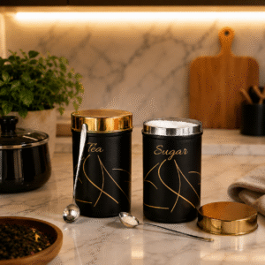 Luxury Stainless Steel Tea and Sugar Storage Jar Set with Golden Lid 850ml Black Kitchen Canisters
