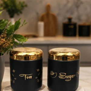 Luxury Black Gold Stainless Steel Tea and Sugar Container Set for Modern Kitchen Storage