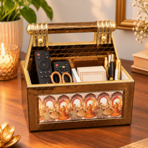 Brown and gold decorative organizer styled on a wooden table in a warm home setting