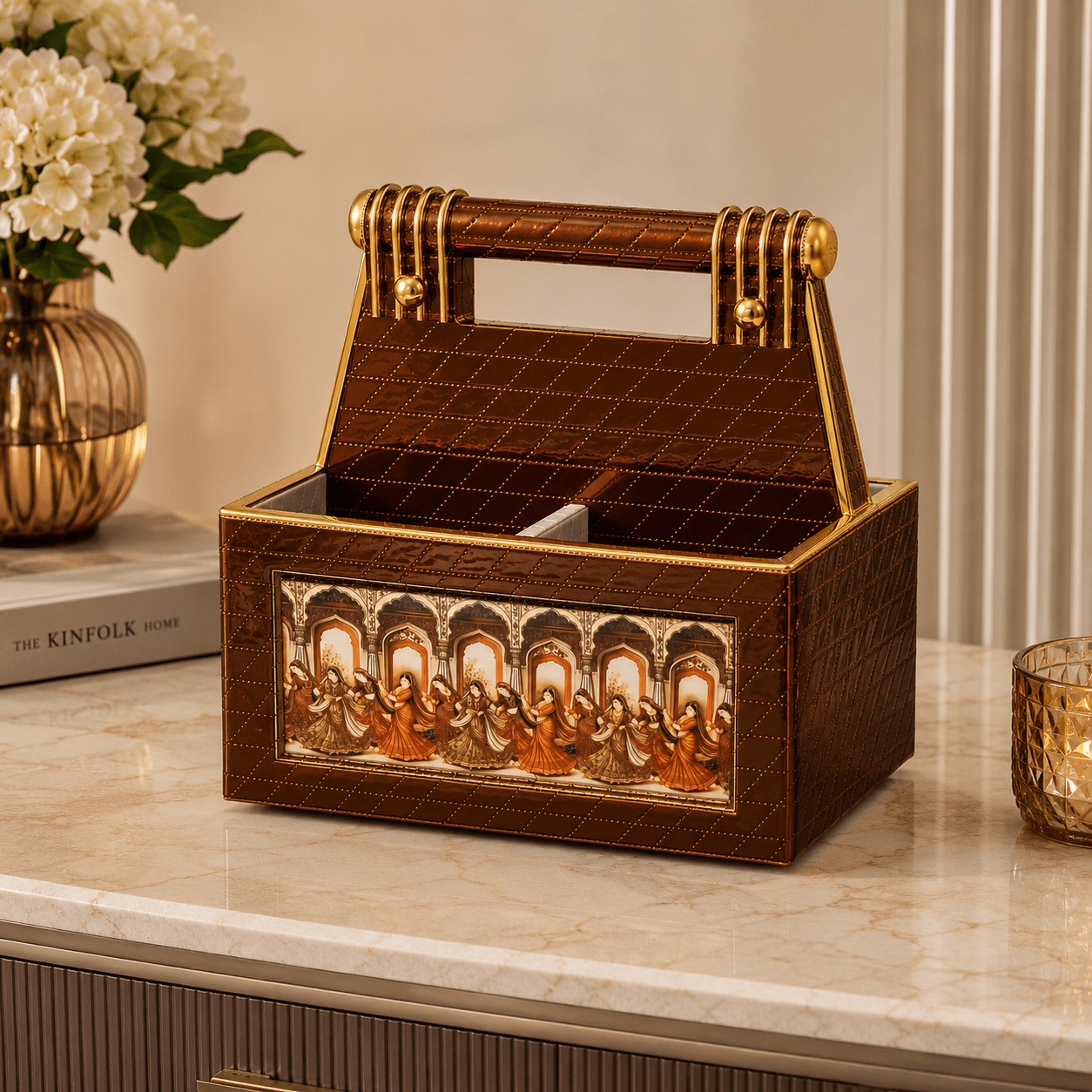 Premium Faux Leatherette Multipurpose Organizer with Handle Brown Gold