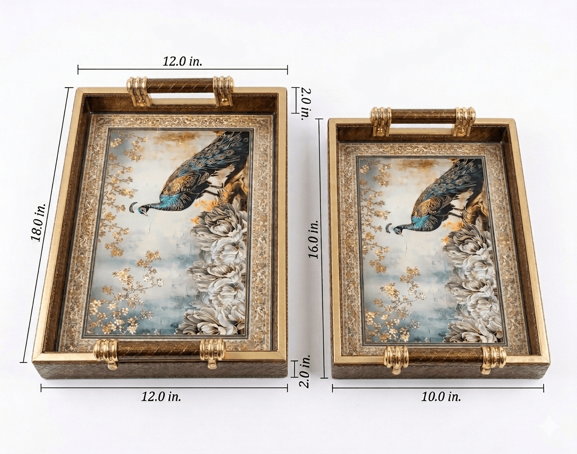 Luxury Peacock Serving Tray Set with Gold Handles and Leather Finish Back – Set of 2 Decorative Tea Serving Trays