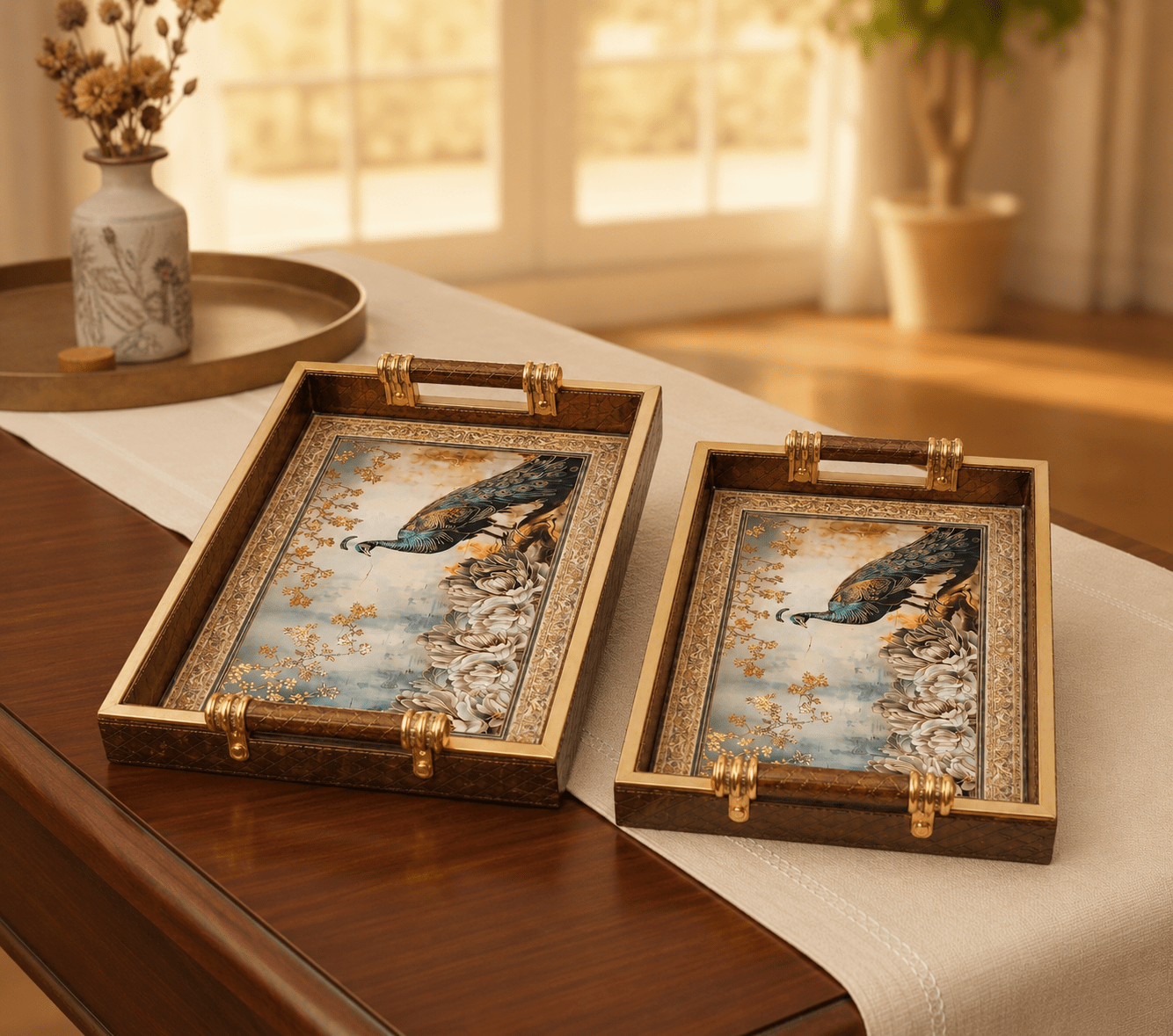 Luxury Peacock Serving Tray Set with Gold Handles and Leather Finish Back – Set of 2 Decorative Tea Serving Trays