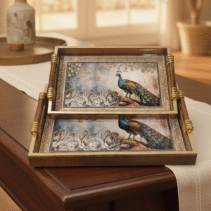 Luxury Peacock Serving Tray Set with Gold Handles and Leather Finish Back – Set of 2 Decorative Tea Serving Trays