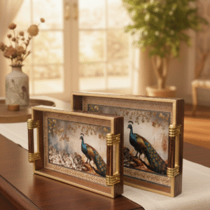 Luxury Peacock Serving Tray Set with Gold Handles and Leather Finish Back – Set of 2 Decorative Tea Serving Trays