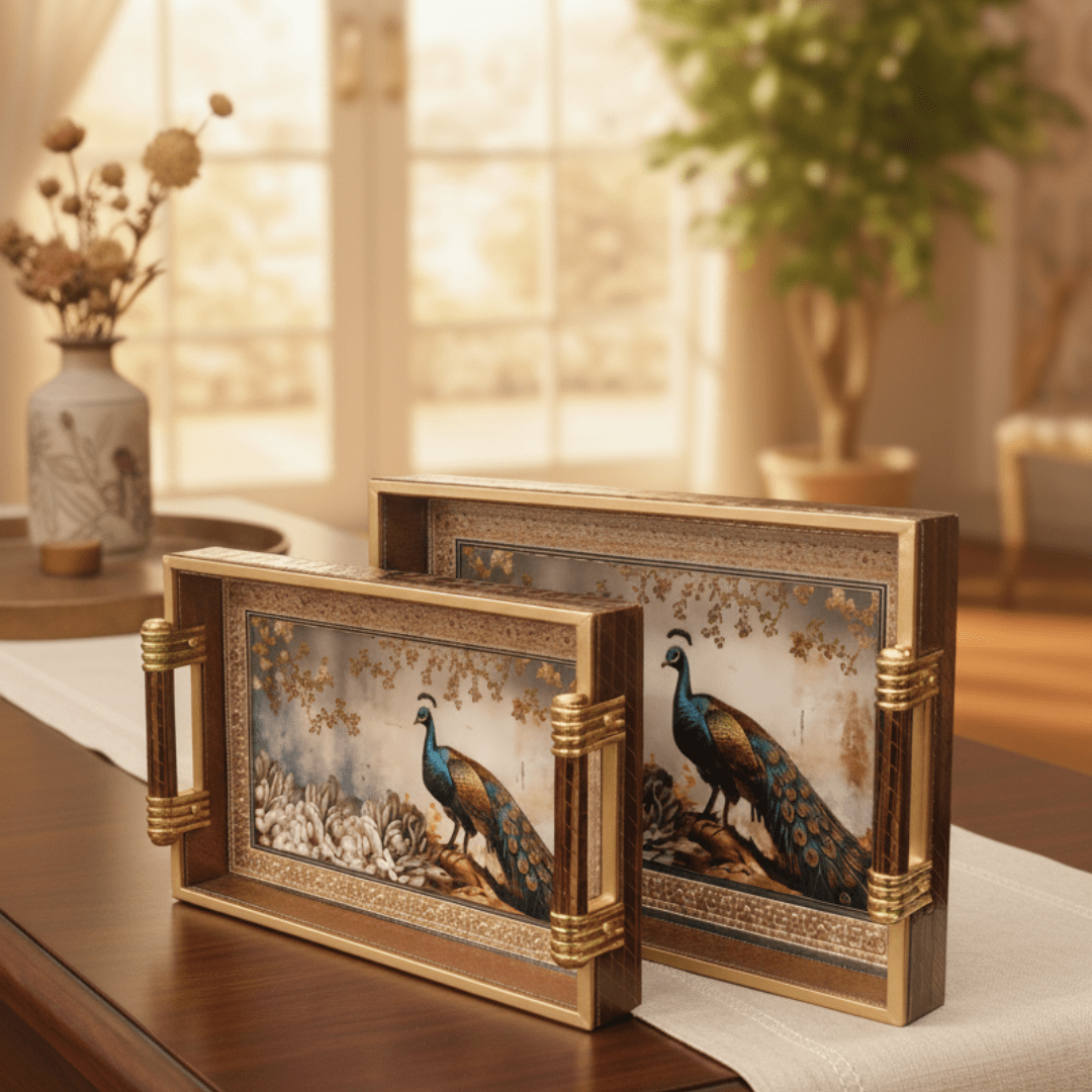 Luxury Peacock Serving Tray Set with Gold Handles and Leather Finish Back – Set of 2 Decorative Tea Serving Trays