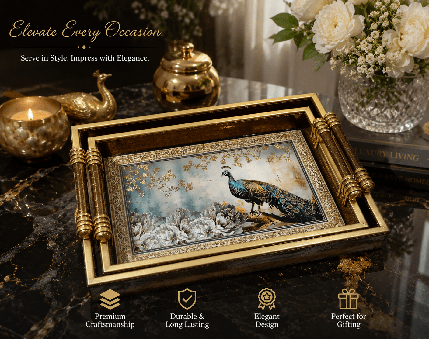 Luxury Peacock Serving Tray Set with Gold Handles and Leather Finish Back – Set of 2 Decorative Tea Serving Trays