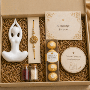 Premium Rakhi Decor Gift Hamper with Ceramic Showpiece, Rakhi, Ferrero Rocher, Personalized Card and Keepsake Magnet