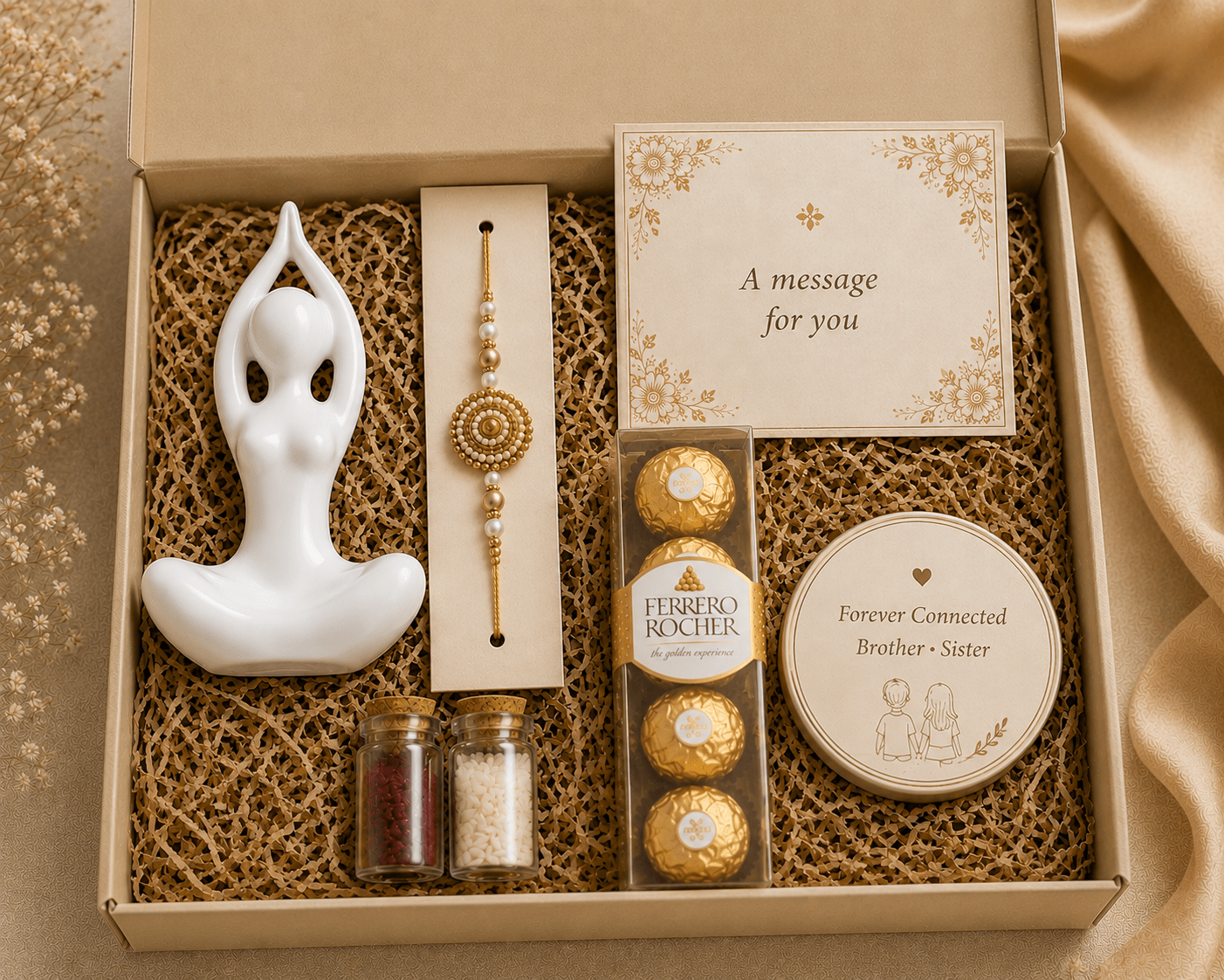 Premium Rakhi Decor Gift Hamper with Ceramic Showpiece, Rakhi, Ferrero Rocher, Personalized Card and Keepsake Magnet