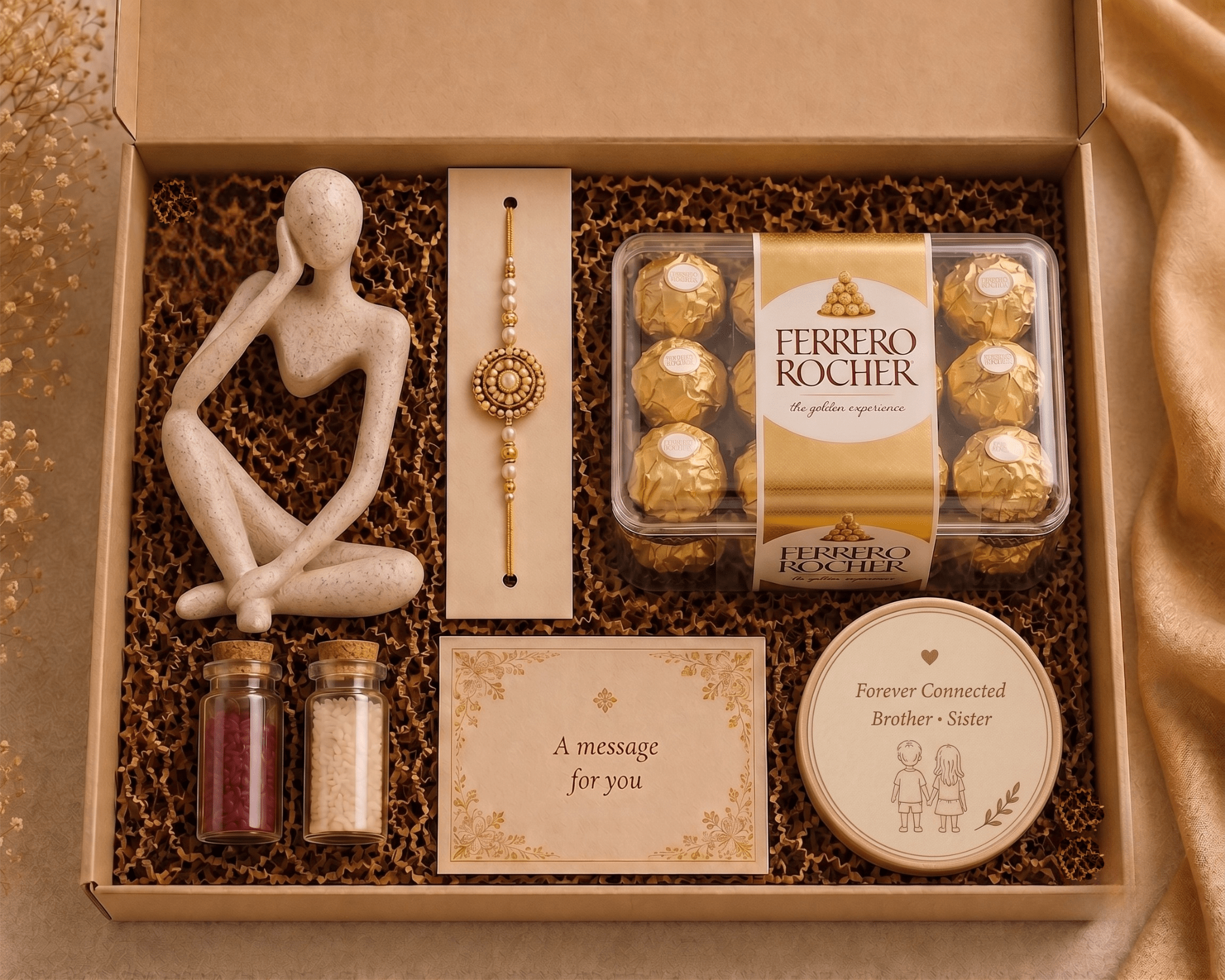 Sweet Memories Rakhi Hamper featuring a premium decor figurine, personalized message card, rakhi, roli-chawal kit, premium fridge magnet and customer's choice of Ferrero Rocher or Lindt chocolates