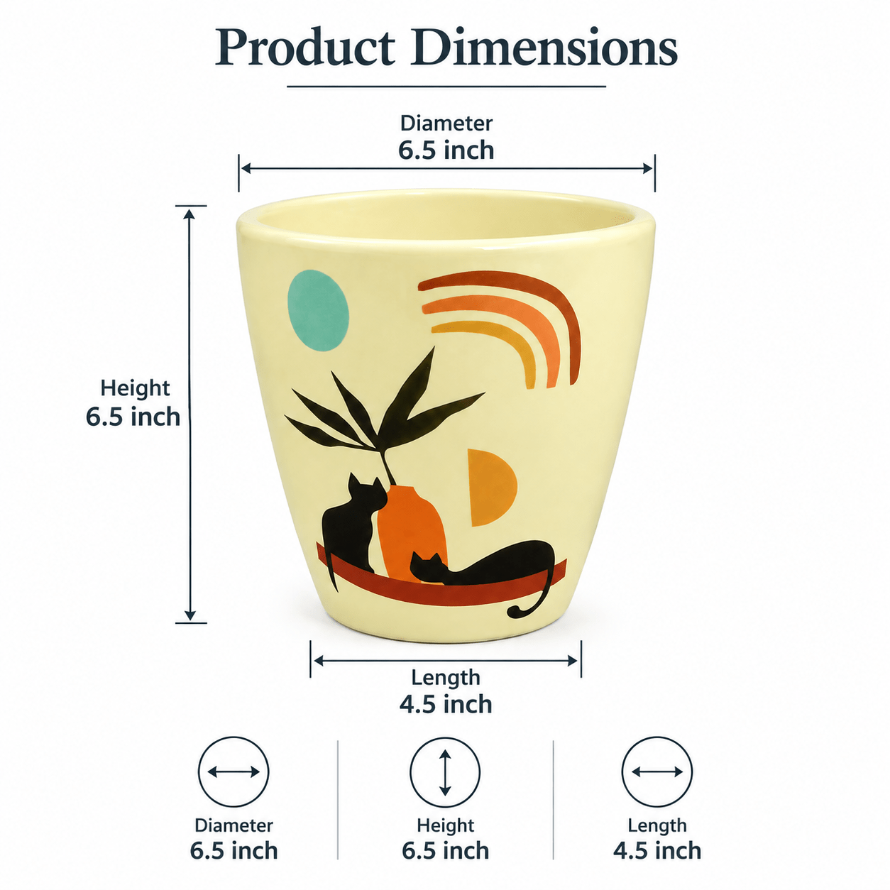Decorative ceramic flower pot showing product dimensions
