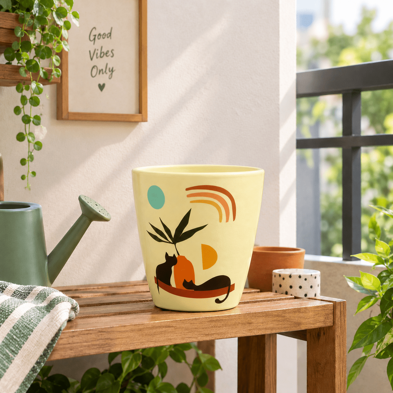 Empty decorative ceramic flower pot with cat and rainbow design