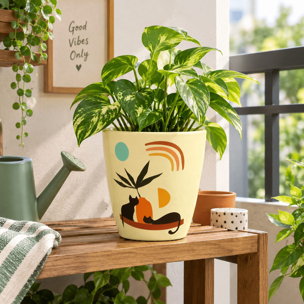 Decorative Ceramic Flower Pot with Cat & Rainbow Design - Image 2