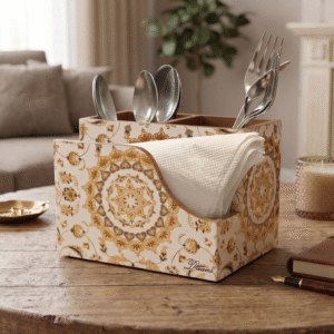 Mandala wooden table organizer styled on a wooden table holding remotes, cutlery, and stationery.
