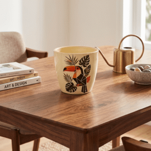 Toucan ceramic planter with colourful bird and tropical leaf design