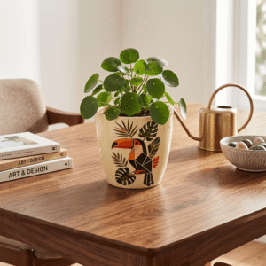 Toucan ceramic planter displayed on wooden dining table in a warm home interior