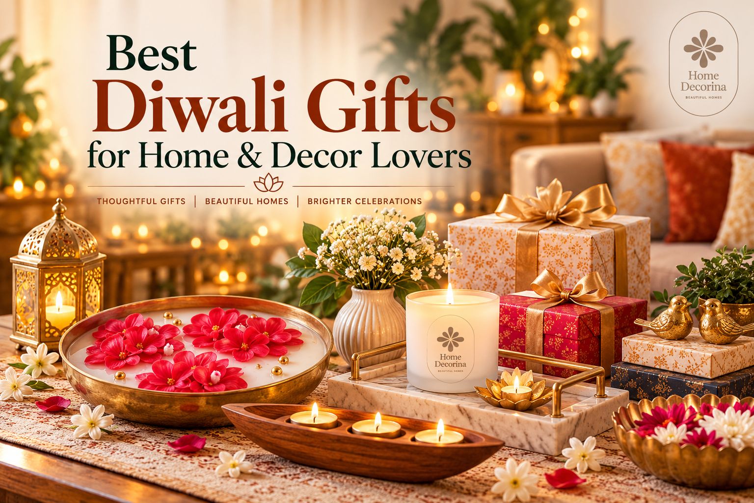 Best Diwali gifts for home decor lovers featuring decorative trays, vases, showpieces and beautifully wrapped gifts.