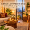 Diwali decoration ideas for small flats featuring warm fairy lights, a decorated coffee table, candles, and festive accents.