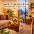 Diwali decoration ideas for small flats featuring warm fairy lights, a decorated coffee table, candles, and festive accents.