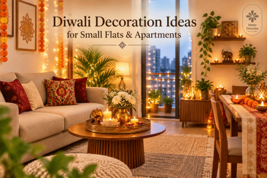 Diwali decoration ideas for small flats featuring warm fairy lights, a decorated coffee table, candles, and festive accents.