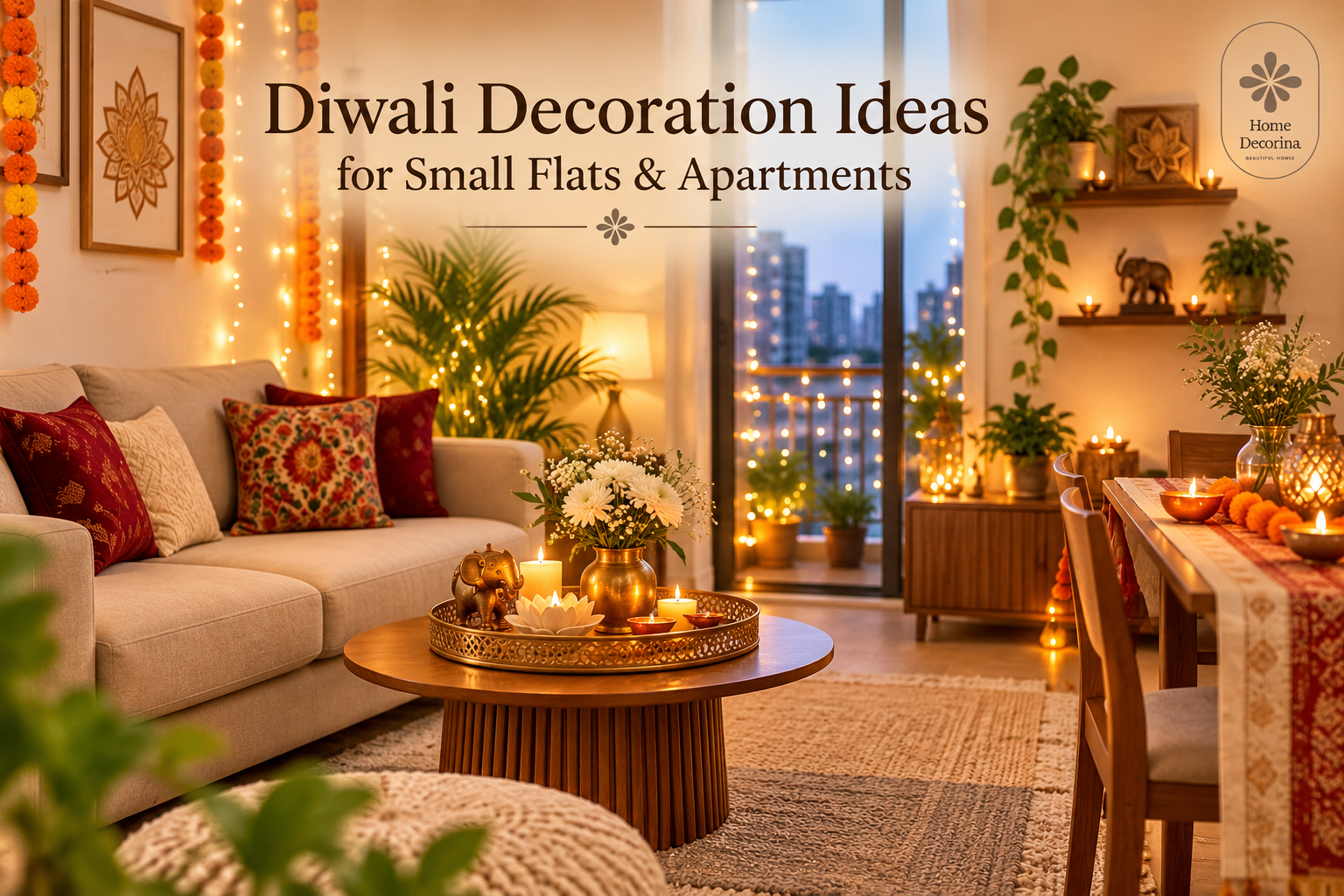 Diwali decoration ideas for small flats featuring warm fairy lights, a decorated coffee table, candles, and festive accents.