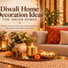 Diwali home decoration ideas featuring a warm Indian living room with a decorative tray, vases, festive lights and glowing diyas.