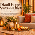 Diwali home decoration ideas featuring a warm Indian living room with a decorative tray, vases, festive lights and glowing diyas.