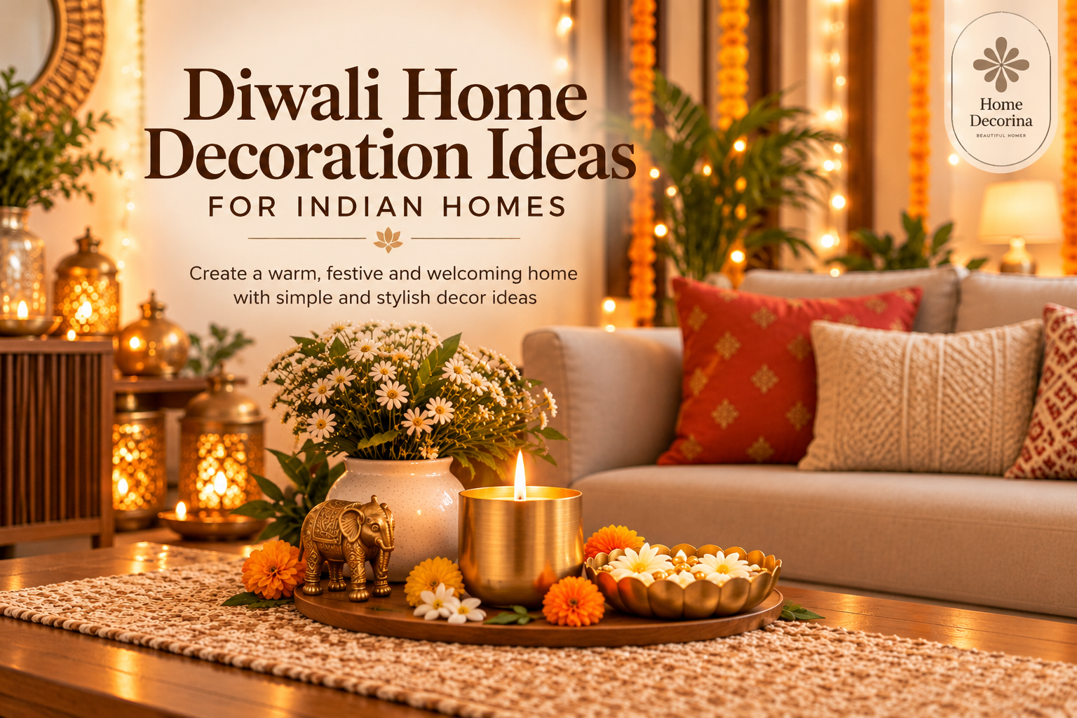 Diwali home decoration ideas featuring a warm Indian living room with a decorative tray, vases, festive lights and glowing diyas.