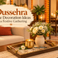 Elegant Dussehra home decor with a styled living room, decorative vases, a tray and festive table accents in an Indian home