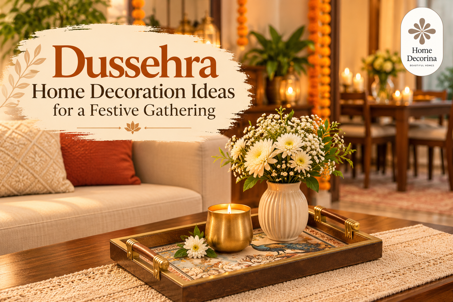Elegant Dussehra home decor with a styled living room, decorative vases, a tray and festive table accents in an Indian home