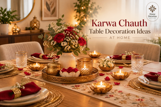 Elegant Karwa Chauth table decoration at home with a red and cream table runner, floral centrepiece and warm lighting.