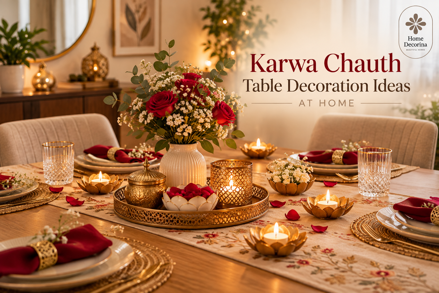 Elegant Karwa Chauth table decoration at home with a red and cream table runner, floral centrepiece and warm lighting.