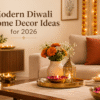 Modern Diwali home decor in an Indian living room with warm lighting, decorative accents and a styled coffee table