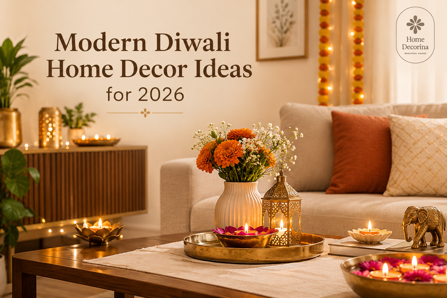 Modern Diwali home decor in an Indian living room with warm lighting, decorative accents and a styled coffee table