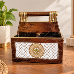 Brown organizer with gold-tone handle and quilted detailing