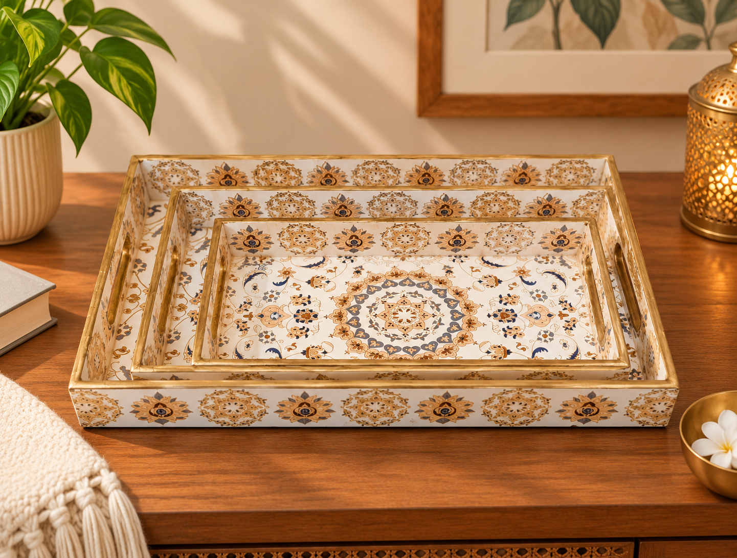 Set of three wooden serving trays arranged together with matching floral mandala patterns