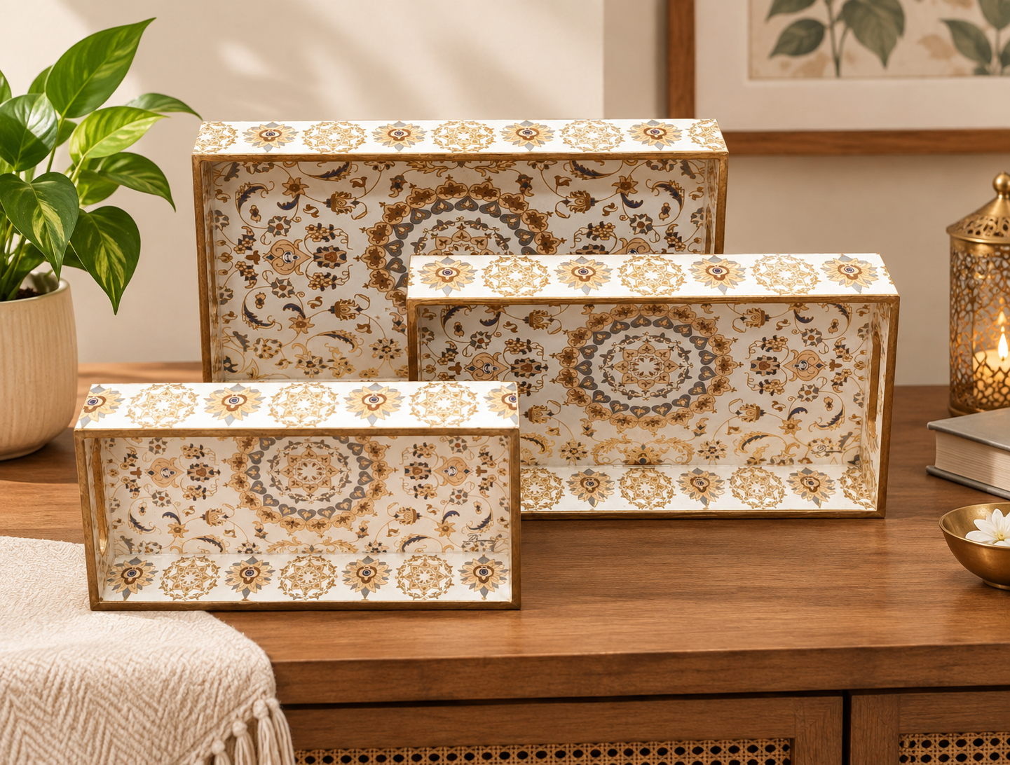 Three decorative wooden serving trays arranged in a zigzag layout showing their floral mandala designs