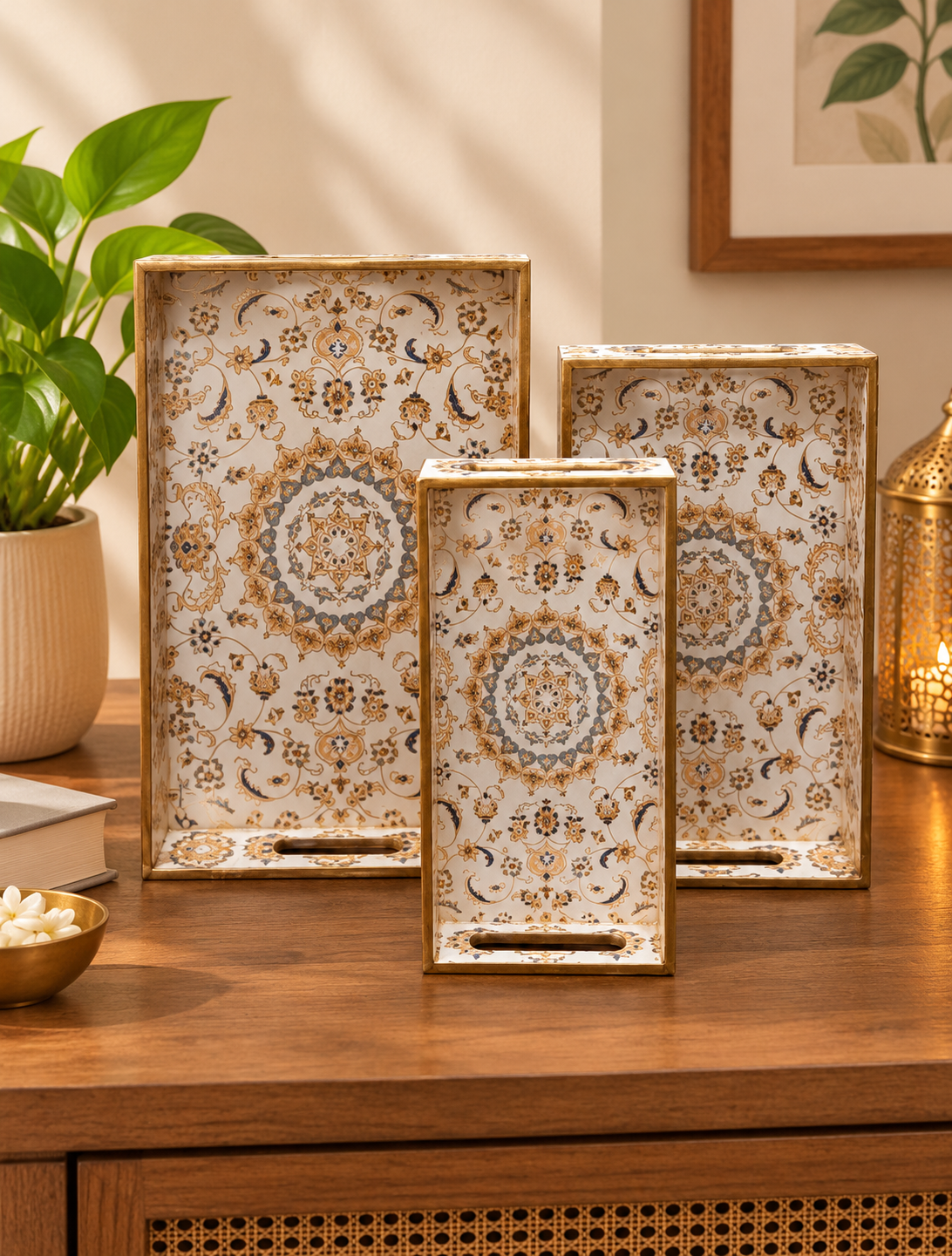 Three decorative wooden serving trays displayed vertically in different sizes