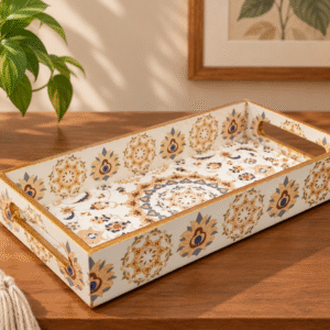 Decorative wooden serving tray with cream and gold floral mandala design