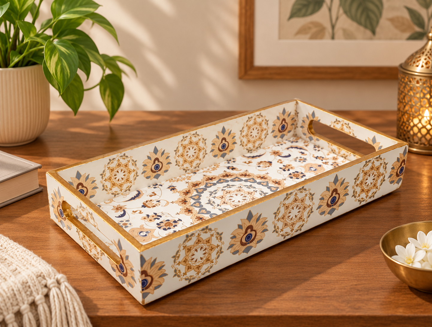 Decorative wooden serving tray with cream and gold floral mandala design