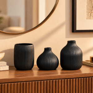 Black ceramic vase set of 3 with ribbed finish