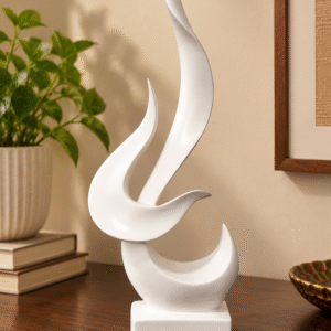 White abstract resin showpiece displayed on a wooden console table in a modern living room.