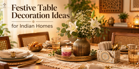 Festive table decoration ideas for Indian homes with a floral vase, rose petal candle, decorative napkin and cutlery holder, and elegant gold table accents.