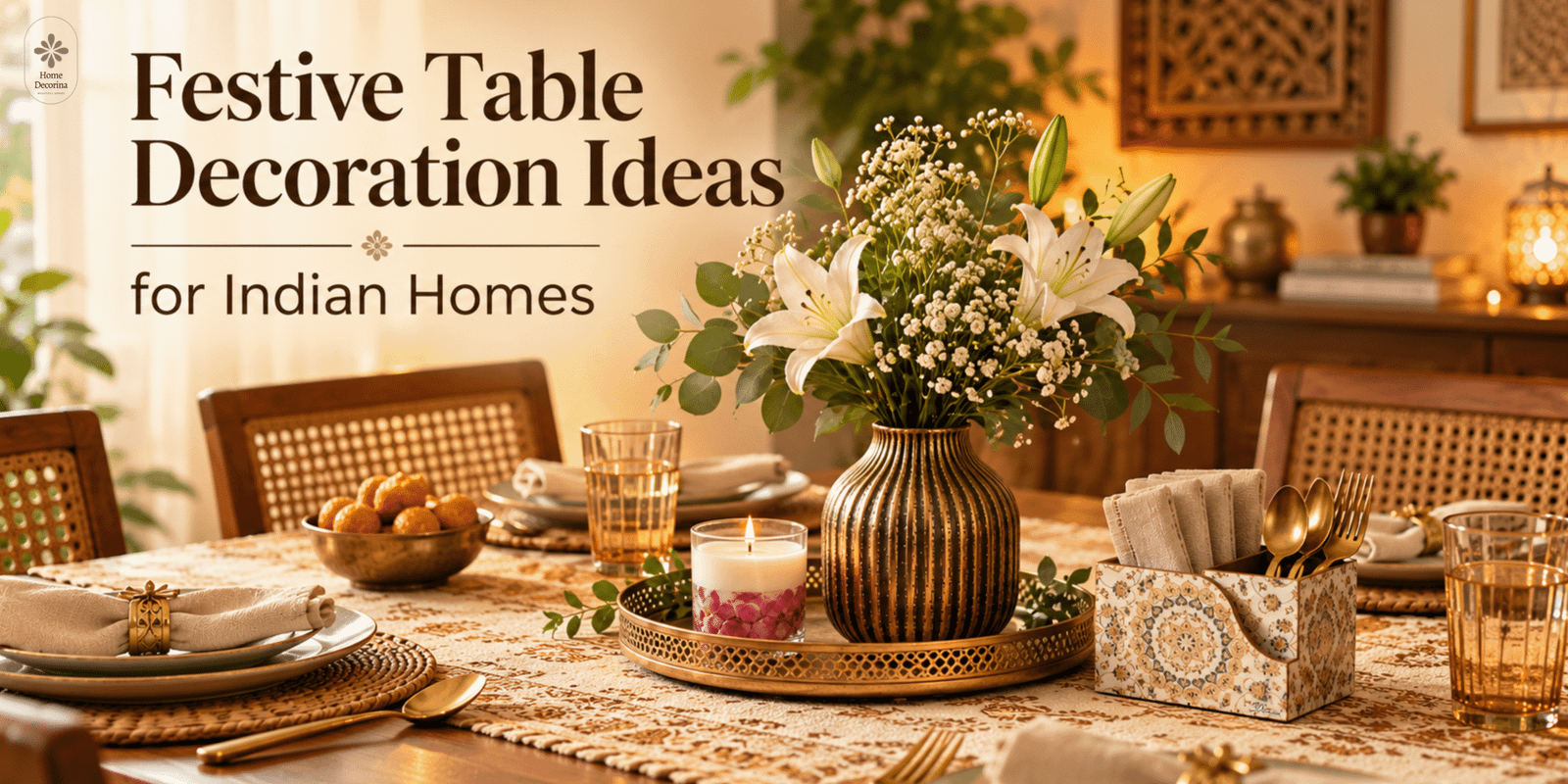 Festive table decoration ideas for Indian homes with a floral vase, rose petal candle, decorative napkin and cutlery holder, and elegant gold table accents.